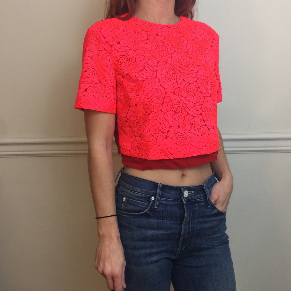 A.L.C. Neon Coral Rosette Silk Cropped Top Shirt